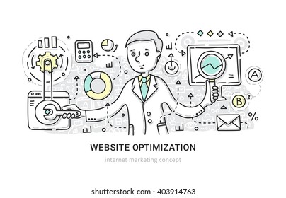 Illustration of optimizing website performance. SEO, user interface, e-commerce strategy concept and internet marketing concept