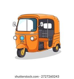 Ein Beispiel für eine orangefarbene Autorikscha, eine in vielen Ländern übliche Form des öffentlichen Verkehrs. Einfacher Cartoon-Stil mit umrissenen Strichen.