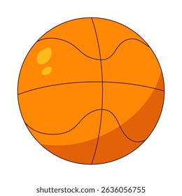 Ilustração de uma bola de basquete laranja com linhas estilizadas e destaques em um fundo branco. Aula de educação física. Para voltar à escola e tema de esporte, conceito educacional e decoração de sala de aula.