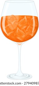Illustration of an orange beverage served in a stemmed glass with ice cubes. Isolated drink element suitable for menu graphics, recipe layouts and beverage themed designs.