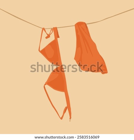 Illustration of an orange bikini hanging on a line. Minimalist design with orange bikini top and bottom. Simple orange bikini art on a beige background. Aesthetic vector illustration.