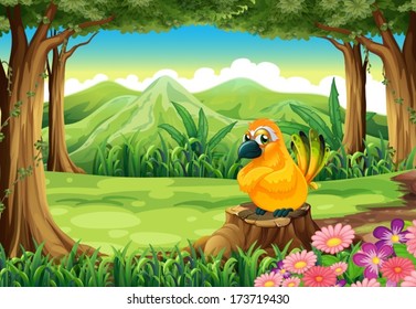 Illustration of an orange bird above the stump at the forest