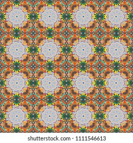 Illustration in orange, blue and yellow colors. Graphic modern seamless pattern for fabric, event, wallpaper etc. Vector seamless pattern, repeating abstract figures.