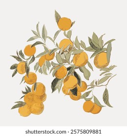 Illustration of orange branches with leaves. Orange fruits and green leaves. Detailed orange branches with ripe oranges and lush green leaves. Vintage illustration isolated on white, vector.