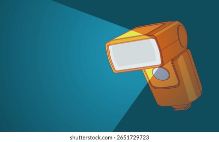 Ilustração de uma unidade de flash de câmera laranja inclinada para a direita. Emitindo feixe largo de luz branca através de um fundo azul escuro profundo. Visual energético para fotografia e temas de mídia.
