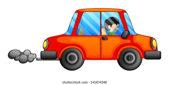 Illustration Of An Orange Car Emitting A Dark Smoke On A White Background