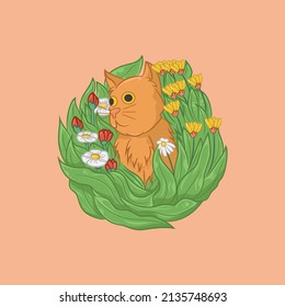 Illustration an orange cat among green bushes   beautiful flowers