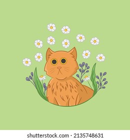 Illustration an orange cat among sprinkle white flowers