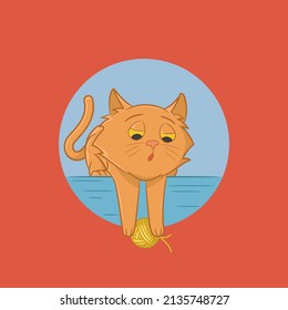 Illustration an orange cat playing and skein yellow wool yarn