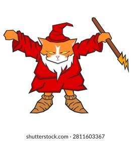 An illustration of an orange cat with red wizard's robe and a magic stick