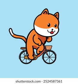 Illustration orange cat riding a bicycle with blue background. editable