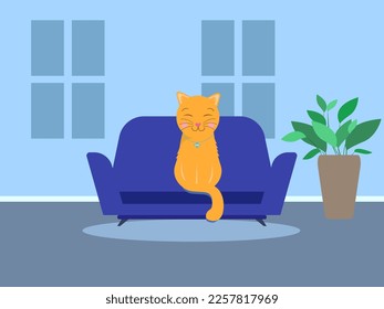 illustration of an orange cat sitting on a sofa in a room, on the floor a flower in a pot. Printing in children's books.
