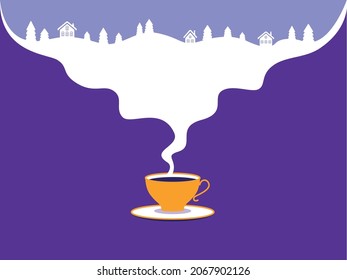 Illustration of orange cup of tea on  purple background and light purple sky with old houses and christmas trees in white snow, the illustration in flat style