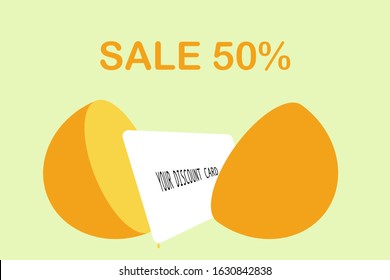 illustration - an orange cut into two parts by the store's discount card. At the top the inscription Sale 50%.