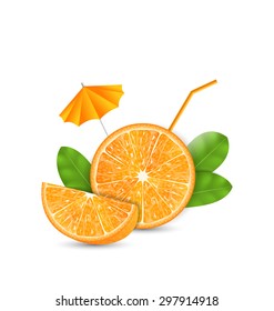 Illustration Orange as a Drink with a Straw and Umbrella, Ripe Citrus - Vector