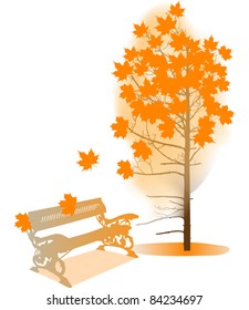 illustration with orange fall maple and bench