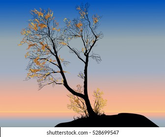 ilustración con árboles caídos anaranjados en el cielo de la salida del sol