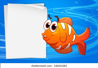 Illustration of an orange fish beside an empty paper under the water