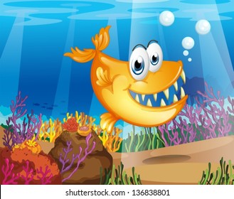 Illustration of an orange fish near the coral reefs