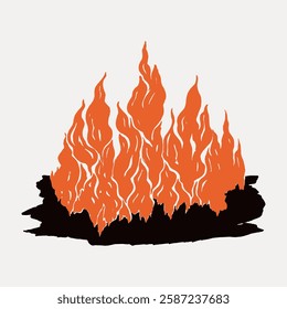 Illustration of orange flames on a black base. Flames rise upward, creating a dynamic, fiery effect. The fire illustration is bold and striking. Vintage art illustration, vector.