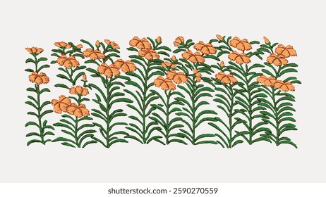 Illustration of orange flowers with green leaves. The flowers are orange, and the leaves are green. A pattern of orange flowers and green leaves. Vintage illustration vector.