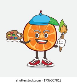An illustration of Orange Fruit cartoon mascot character painter style with art brush