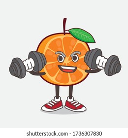 An illustration of Orange Fruit cartoon mascot character on fitness exercise using barbells