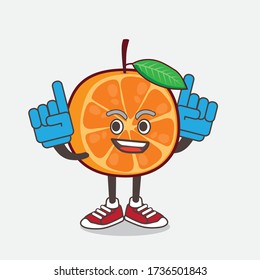 An illustration of Orange Fruit cartoon mascot character holding two Foam finger