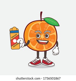 An illustration of Orange Fruit cartoon mascot character giving snacks