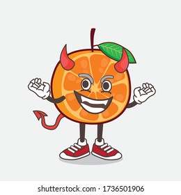 An illustration of Orange Fruit cartoon mascot character as red devil with horns and tail