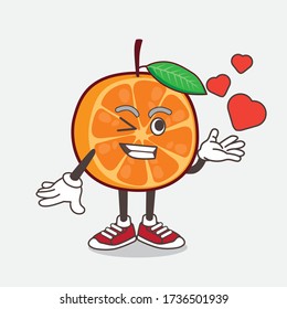 An illustration of Orange Fruit cartoon mascot character teasing with heart kiss