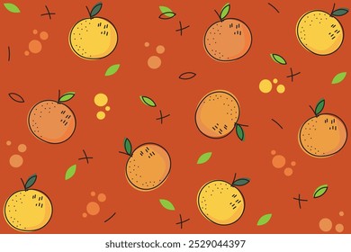 Illustration of orange fruit hand drawn with leaf and circle on orange background.
