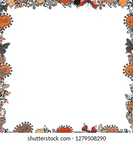 Illustration in orange, gray and white colors. Vector illustration. Seamless pattern.Hand drawn doodle frames.