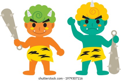 Illustration of orange and green ogres of the day before the beginning of spring called Setsubun.