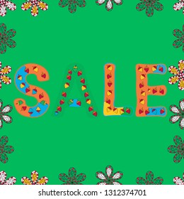 Illustration in orange, green and red colors. Sale banner. Seamless pattern. Vector lettering.