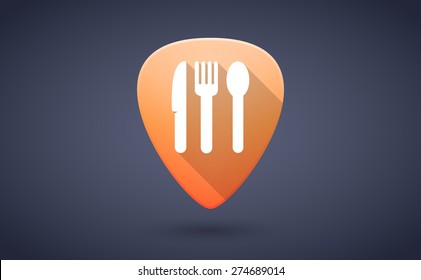 Illustration of an orange guitar pick icon with a cutlery
