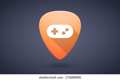 Illustration of an orange guitar pick icon with a game pad