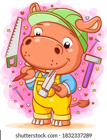 The illustration of the orange hippopotamus use the green helmet around utensil