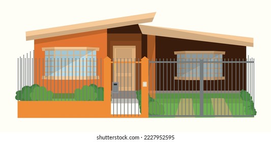 Illustration of orange house with fence and garage, latin american house on white background with grass