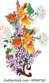 illustration with orange iris and lilac flowers