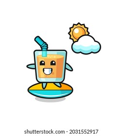Illustration of orange juice cartoon do surfing on the beach , cute style design for t shirt, sticker, logo element