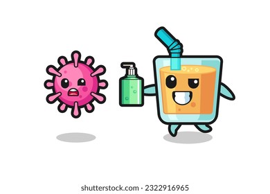 illustration of orange juice character chasing evil virus with hand sanitizer , cute style design for t shirt, sticker, logo element