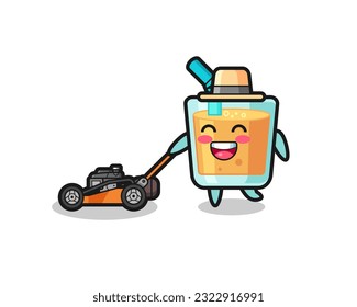 illustration of the orange juice character using lawn mower , cute style design for t shirt, sticker, logo element