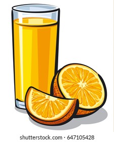 illustration of orange juice glass with ripe sliced oranges