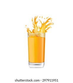Illustration Orange Juice in Glass with Splash, Isolated on White Background - Vector
