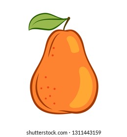 Illustration of Orange Juicy Stylized Pear with Leaf. Icon for Food Apps Isolated on a White Background