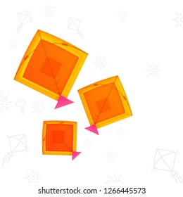 Illustration of orange kites decorated on white background for Makar Sankranti festival celebration.