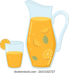 Illustration with orange lemonade in a glass pitcher. Summer fresh drink isolated on white