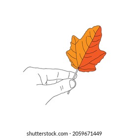 Ilustración de la hoja de arce anaranjada en una mano aislada en un fondo blanco