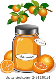 Illustration mit orangefarbener Marmelade. Farbige Vektorillustration mit Orangen und Marmelade im Glas.